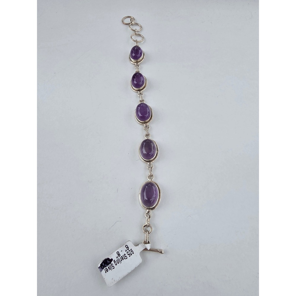925 Sterling Silver Amethyst Cabochon Link Bracelet Toggle Clasp 6-8 Inch